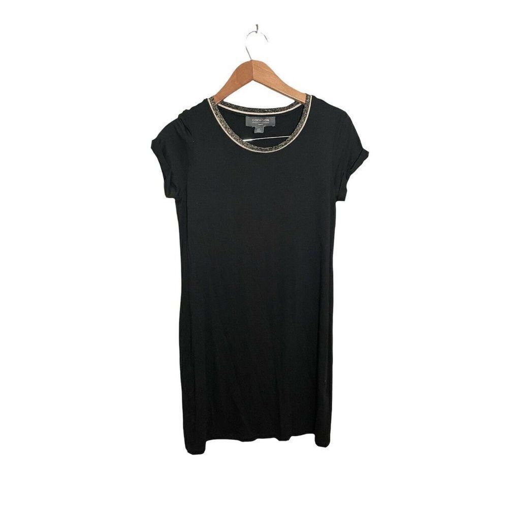 Coercion London Shirt Dress Womens Small Short Sleeve Shift Metallic‎ Neck Black